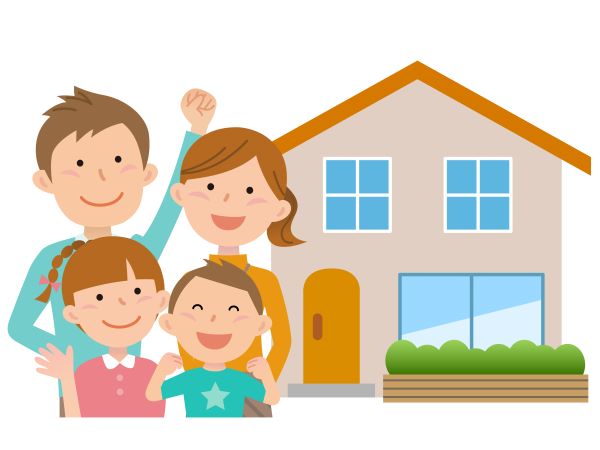 家の前にいる家族